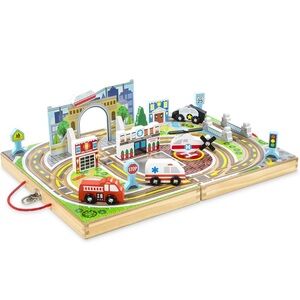 New Melissa & Doug 18 Pc Wooden Table Along Town Fire Truck Police Car Ambulance